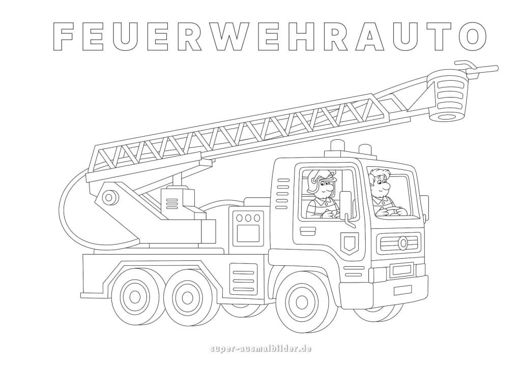 Feuerwehrauto. Malvorlage eines großen Feuerwehrwagens mit Leiter und zwei Feuerwehrleuten