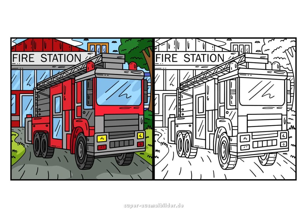 Feuerwehrauto. Malvorlage eines großen Feuerwehrwagens vor der Feuerwache für Kinder