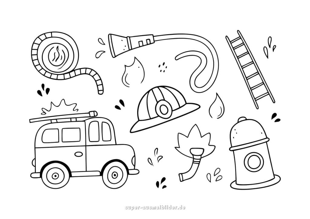 Feuerwehrauto. Malvorlage mit Feuerwehrhelm, Hydrant und Ausrüstung zum Ausmalen kostenlos