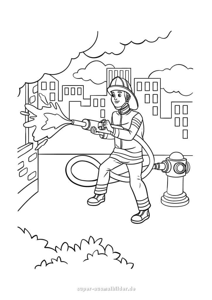 Feuerwehrmann. Ausmalbild Feuerwehrmann beim Löschen eines Brandes mit Hydrant und Schlauch