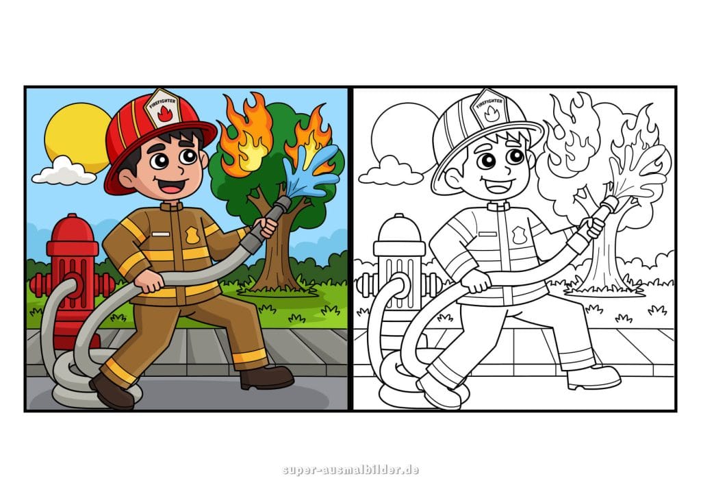 Feuerwehrmann. Ausmalbild Feuerwehrmann löscht Feuer mit Schlauch und Hydrant