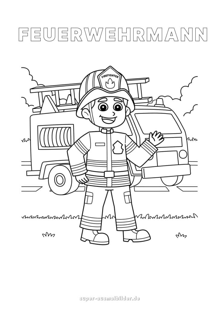 Feuerwehrmann. Ausmalbild Feuerwehrmann mit Feuerwehrwagen zum kostenlosen Ausmalen