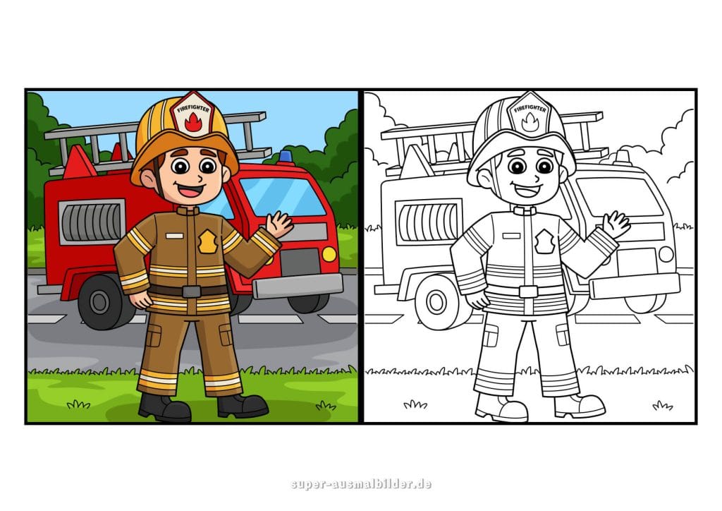 Feuerwehrmann. Ausmalbild Feuerwehrmann mit Löschfahrzeug im Einsatz für Kinder