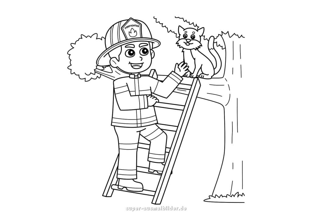 Feuerwehrmann. Ausmalbild eines Feuerwehrmanns, der eine Katze vom Baum rettet für Kinder