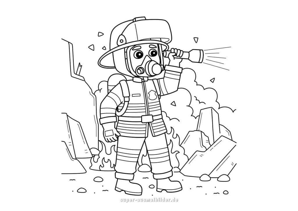 Feuerwehrmann. Ausmalbild eines Feuerwehrmanns mit Atemschutzmaske bei Rauch und Flammen