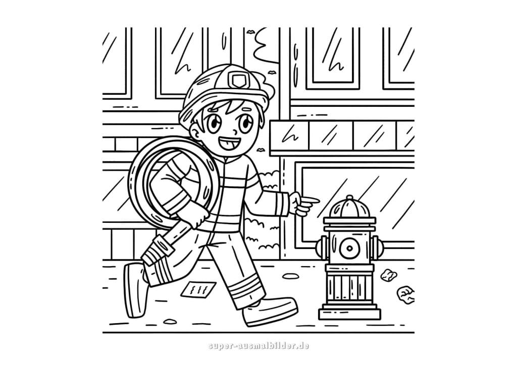 Feuerwehrmann. Ausmalbild eines Feuerwehrmanns mit Schlauch und Hydrant in der Stadt
