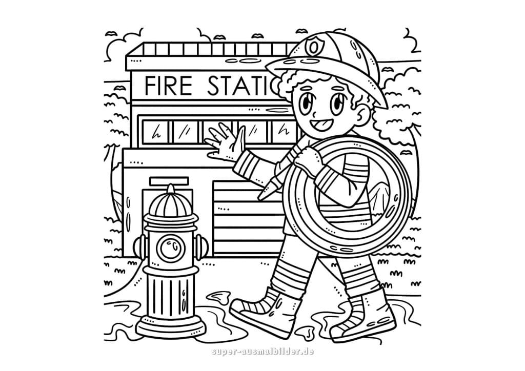 Feuerwehrmann. Ausmalbild eines fröhlichen Feuerwehrmanns mit Schlauch vor der Feuerwache
