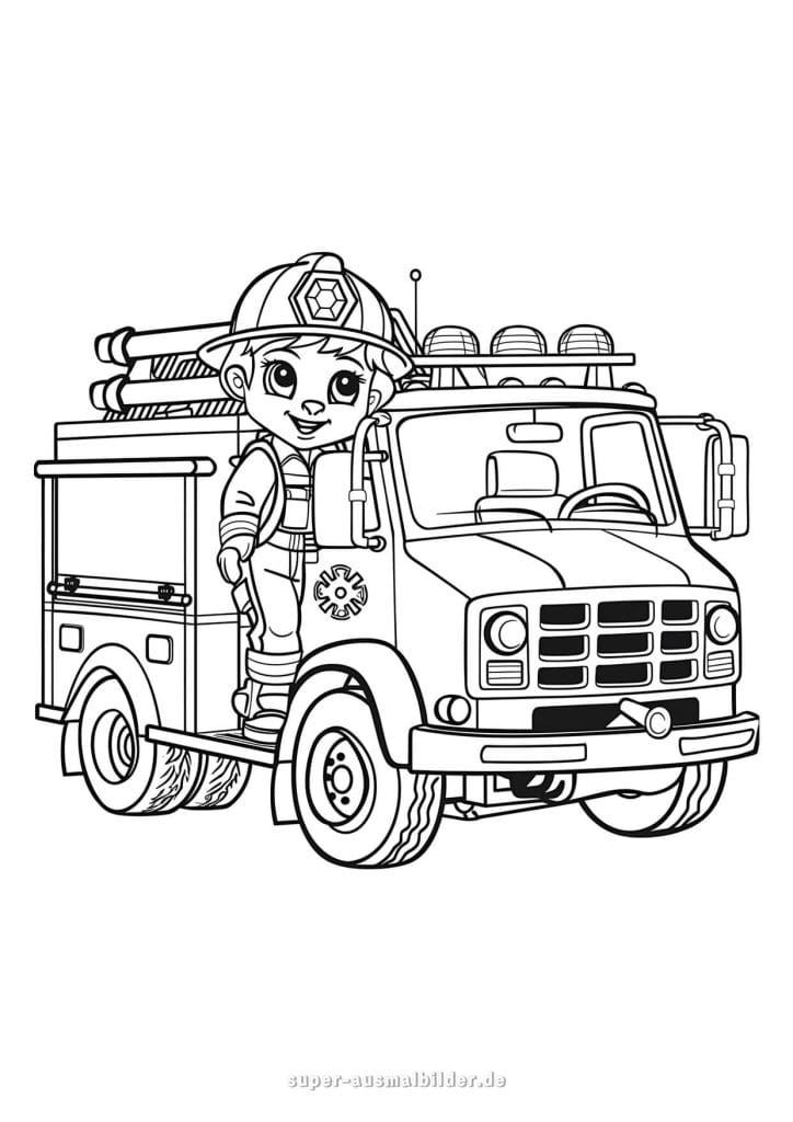 Feuerwehrmann. Ausmalbild eines jungen Feuerwehrmanns mit Feuerwehrauto zum Ausdrucken