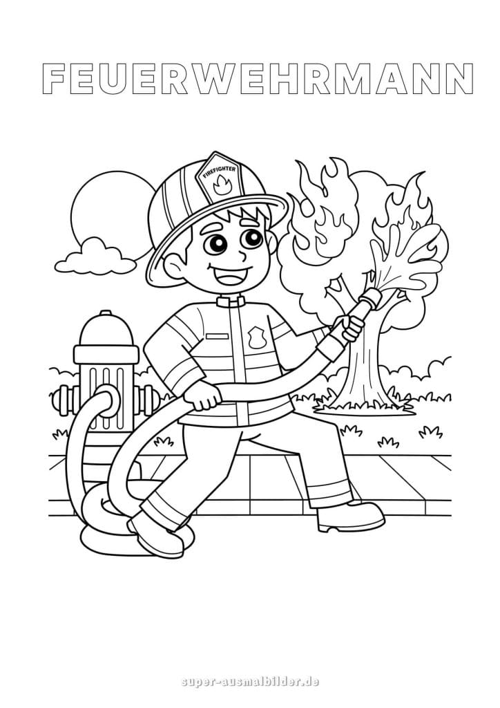 Feuerwehrmann. Ausmalbild junger Feuerwehrmann beim Löschen eines Brandes im Park