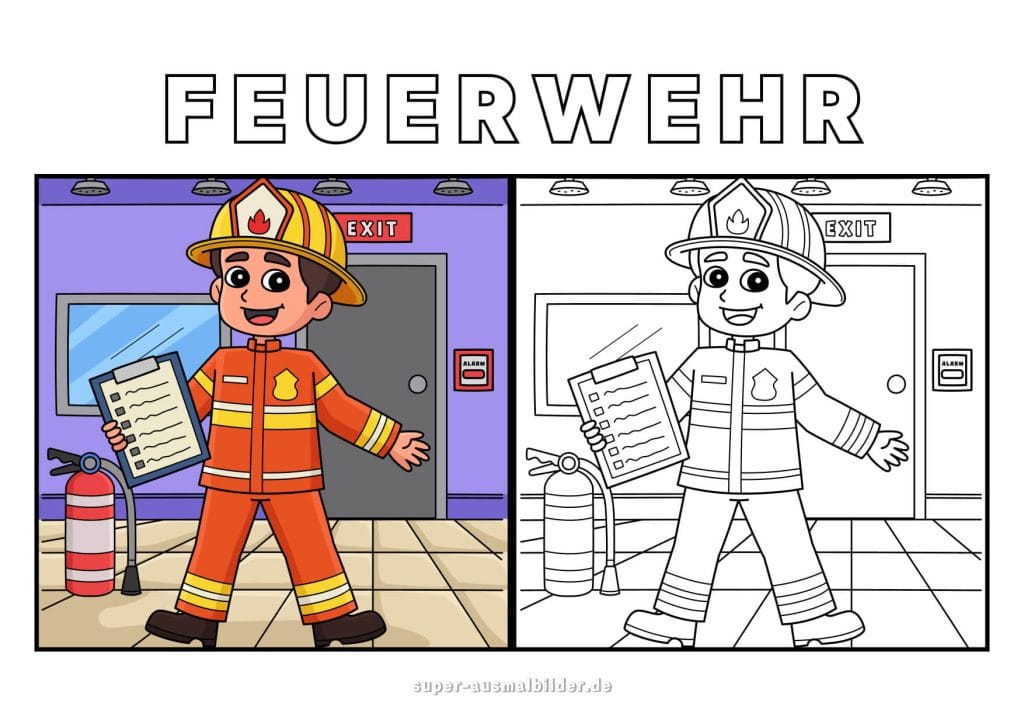 Feuerwehrmann. Malvorlage Feuerwehrmann mit Checkliste und Feuerlöscher für Kinder