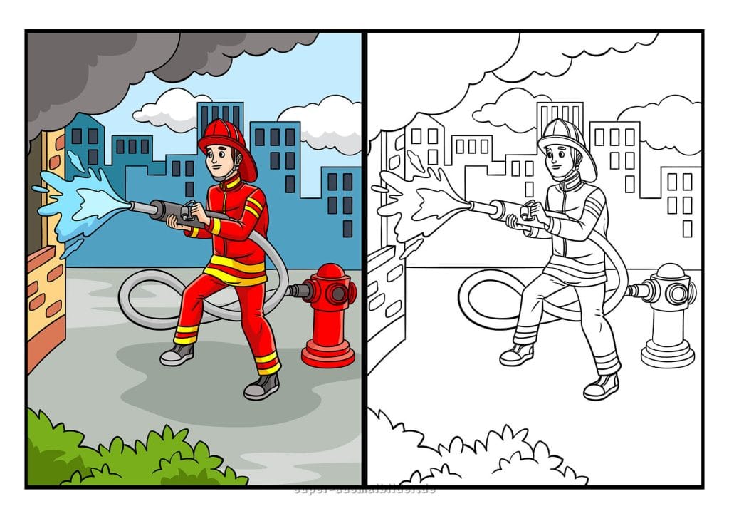 Feuerwehrmann. Malvorlage mit Feuerwehrmann beim Löschen eines Brandes in der Stadt
