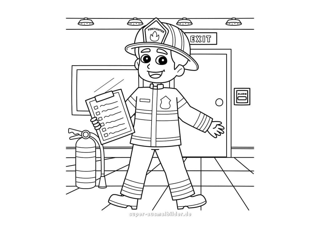 Feuerwehrmann. Malvorlage mit Feuerwehrmann im Einsatz und Feuerlöscher zum Ausdrucken