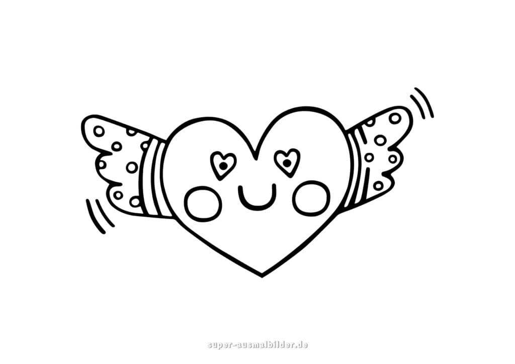 Fliegendes Herz mit Flügeln niedliches Herz mit Gesicht und Flügeln, kreative Malvorlage kostenlos für Kinder
