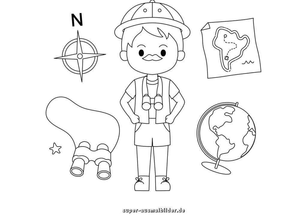 Forscher Malvorlage Entdecker mit Karte, Kompass und Globus, kostenlos zum Ausdrucken für Kinder