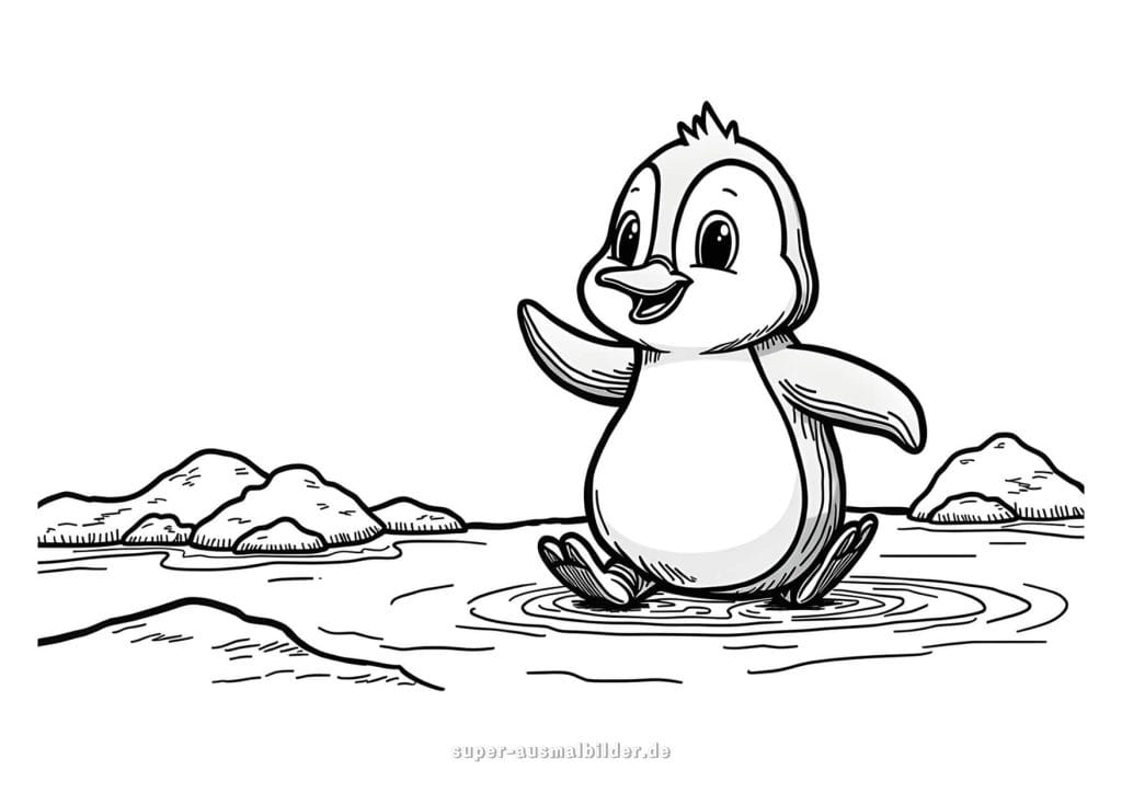 Fröhlicher Pinguin auf dem Eis – lustiges Ausmalbild mit lächelndem Pinguin, perfekt für Winter und Kindergarten