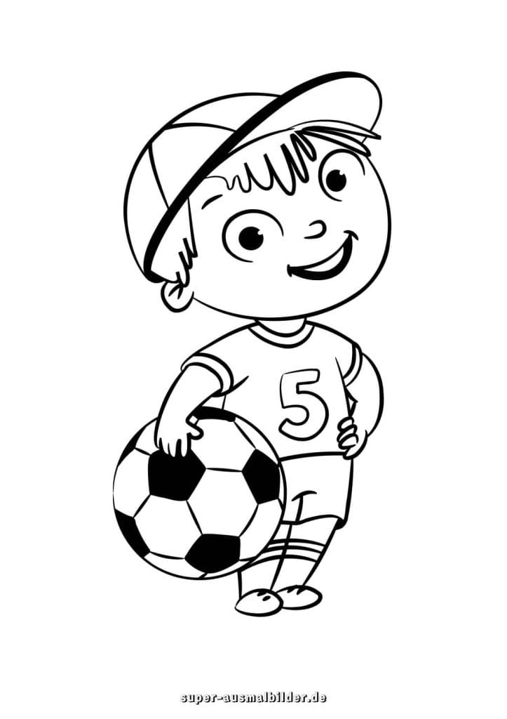 Fußballspieler. Ausmalbild eines Jungen mit Fußball kostenlose Malvorlage für Kinder zum Ausdrucken