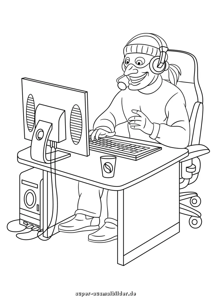 Gamer Malvorlage Spieler mit Headset und Computer, kostenlose Ausmalbilder für Kinder