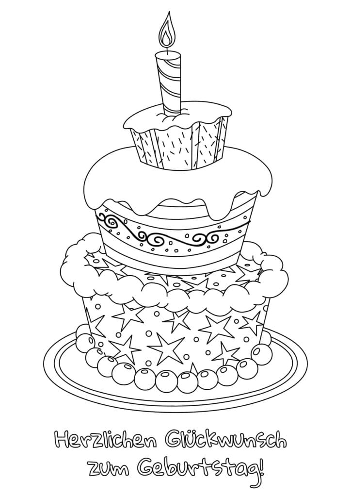 Geburtstagstorte Ausmalbild mit Cupcake und Kerze kreative Malvorlage mit Sternen, kostenlos zum Drucken für Kinder