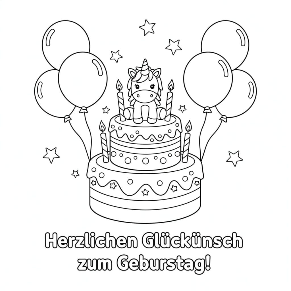 Geburtstagstorte Ausmalbild mit Einhorn und Luftballons süße Malvorlage zum Geburtstag, kostenlos zum Drucken und Ausmalen