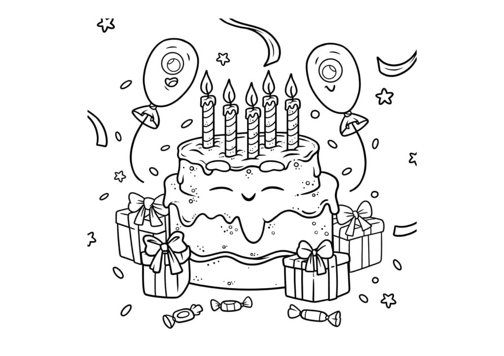 Geburtstagstorte Ausmalbild mit Geschenken, Ballons und Konfetti fröhliche Malvorlage, kostenlos zum Drucken und Ausmalen