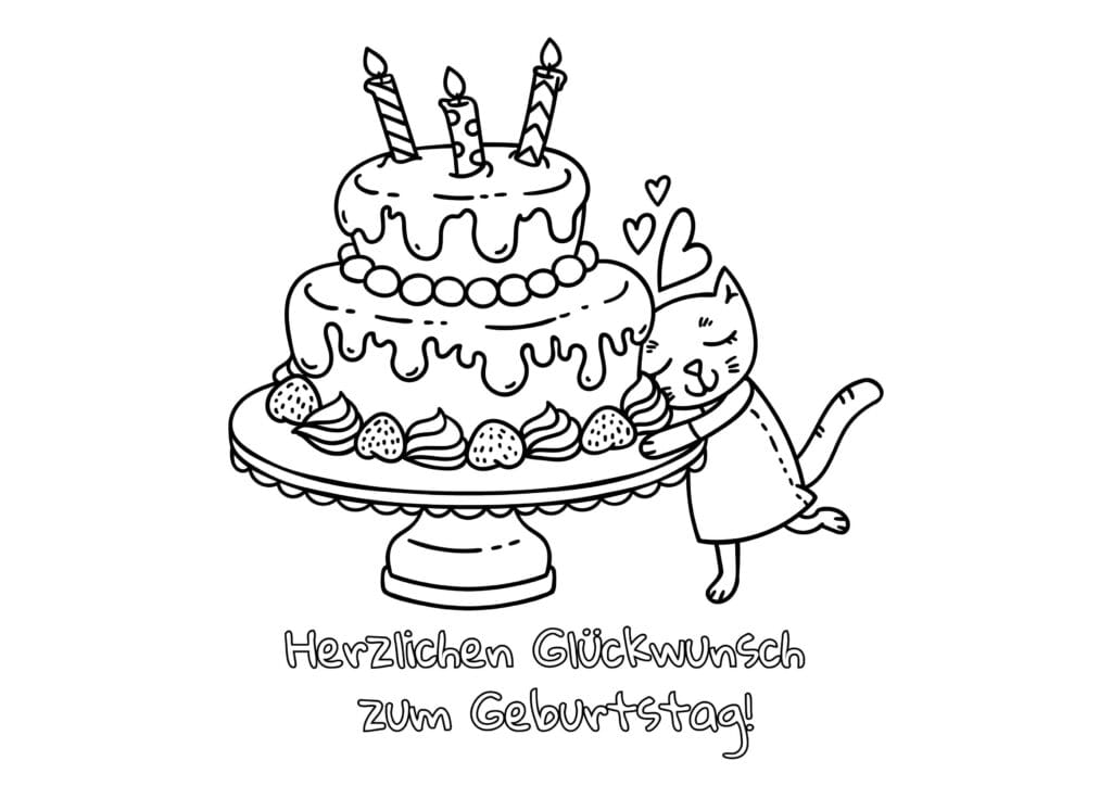 Geburtstagstorte Ausmalbild mit Katze, Erdbeeren und Herzchen süße Malvorlage zum Geburtstag, kostenlos zum Drucken und Ausmalen