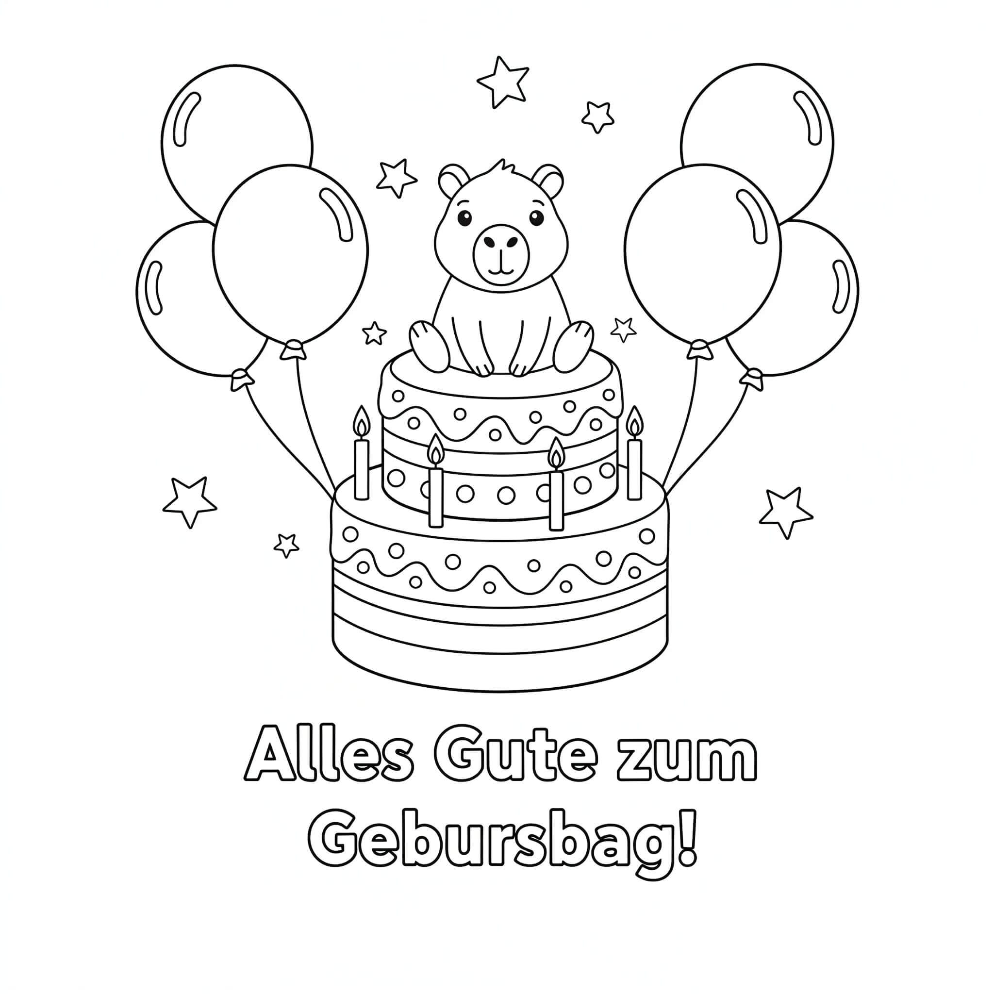 Geburtstagstorte mit Bär und Luftballons Ausmalbild für Kinder zum Geburtstag, kostenlos als PDF und JPG zum Drucken