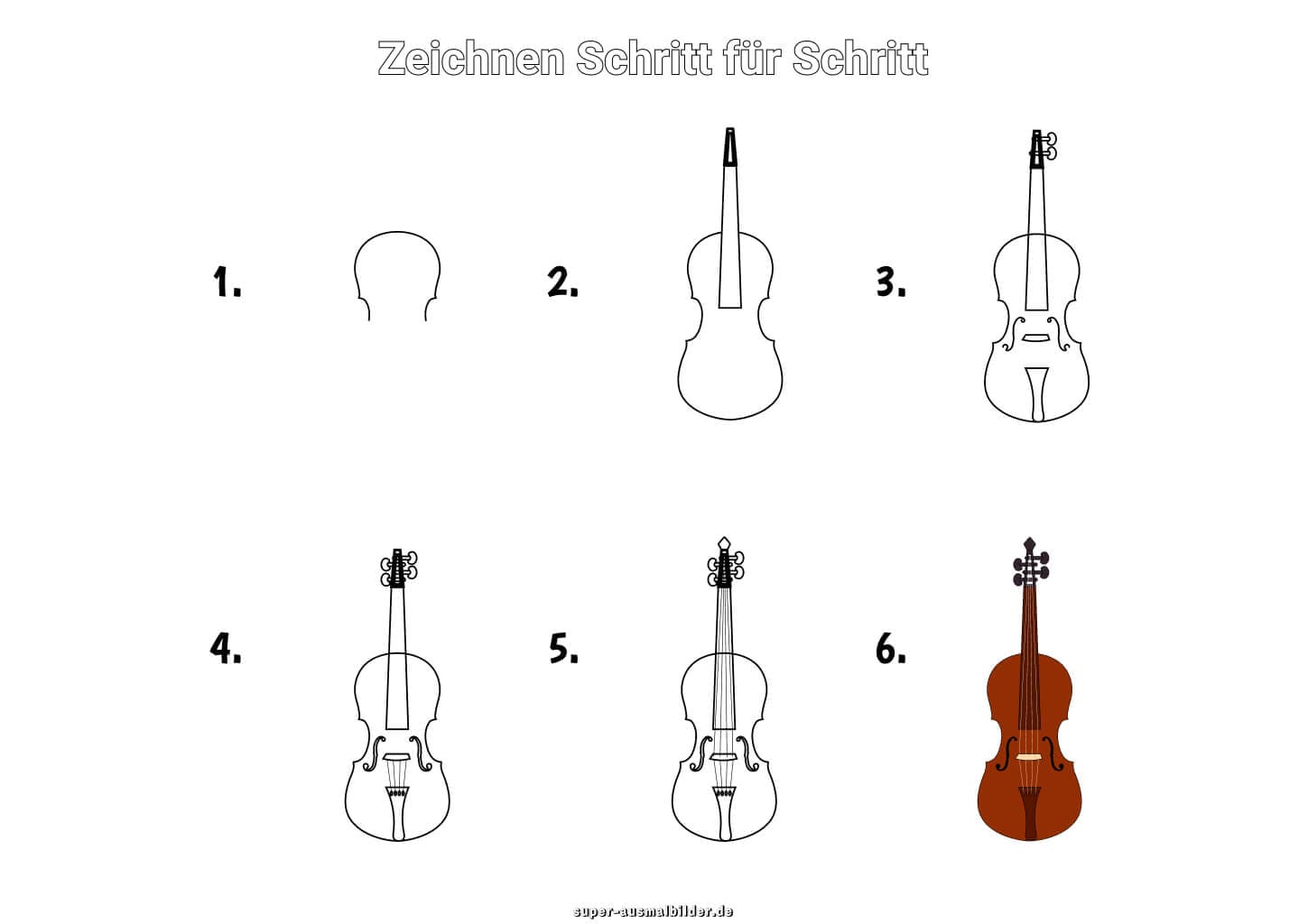 Geige zeichnen Schritt für Schritt – einfache Anleitung für Kinder, um eine Geige in sechs Schritten zu zeichnen und auszumalen