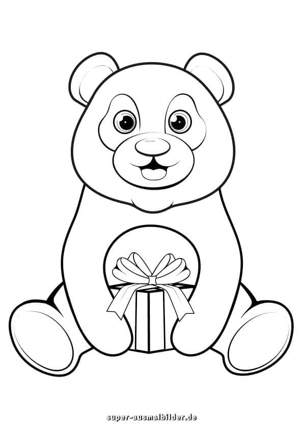 Geschenk Bär. Fröhlicher Teddybär mit Geschenk Malvorlage zum kostenlosen Ausdrucken
