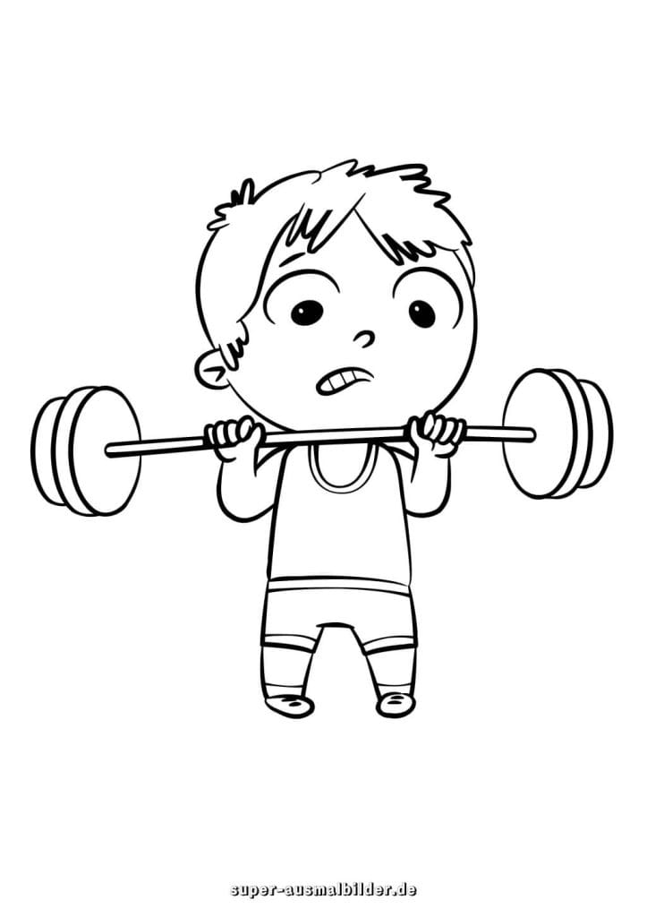 Gewichtheber. Malvorlage eines Sportlers mit Hantel gratis Ausmalbild für Kinder und Jugendliche