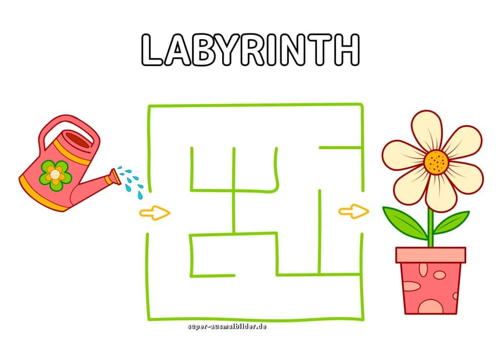 Gießkanne und Blume Labyrinth Gartenlabyrinth für Kinder zum Drucken