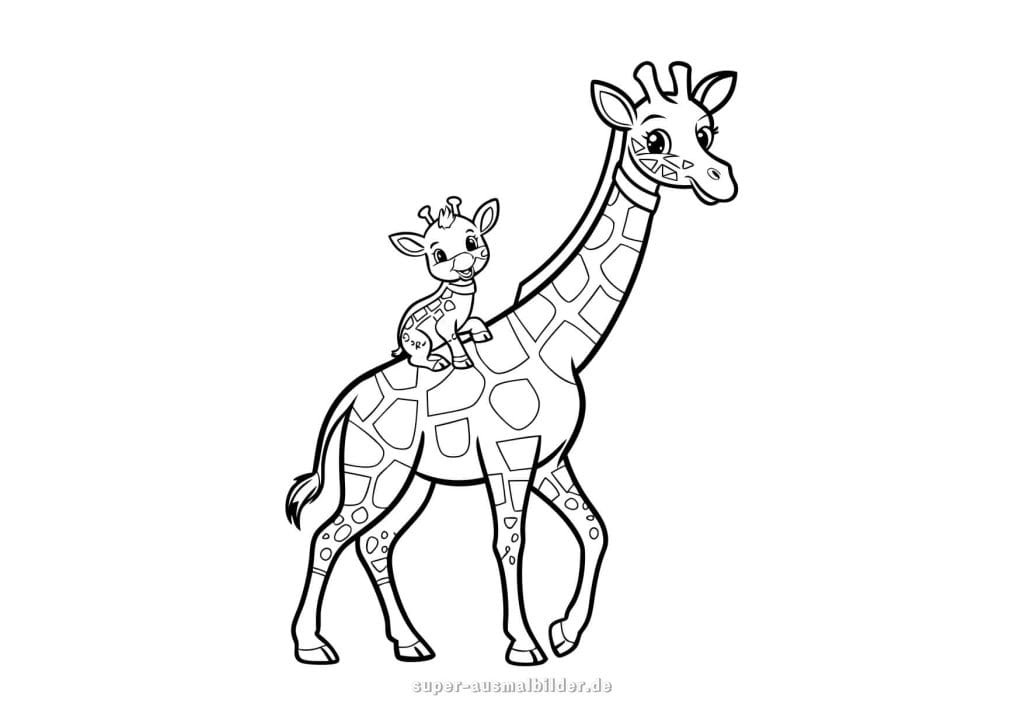 Giraffe Ausmalbild – Muttergiraffe mit Baby, liebevolle Malvorlage für Kinder und Familien zum kostenlosen Download