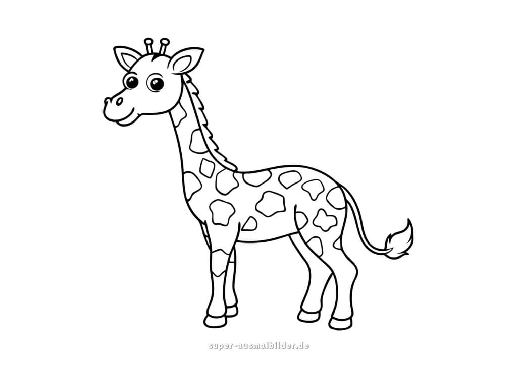 Giraffe Ausmalbild – einfache und süße Giraffe mit großen Flecken und freundlichem Gesicht, ideal zum kostenlosen Drucken und Malen zu Hause