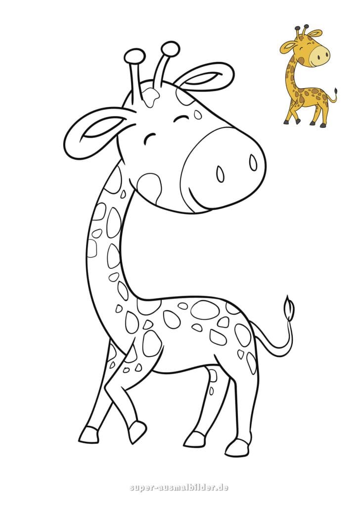 Giraffe Ausmalbild – glückliche Giraffe mit Beispiel in Farbe, einfache Malvorlage für Kinder zum kostenlosen Ausdrucken