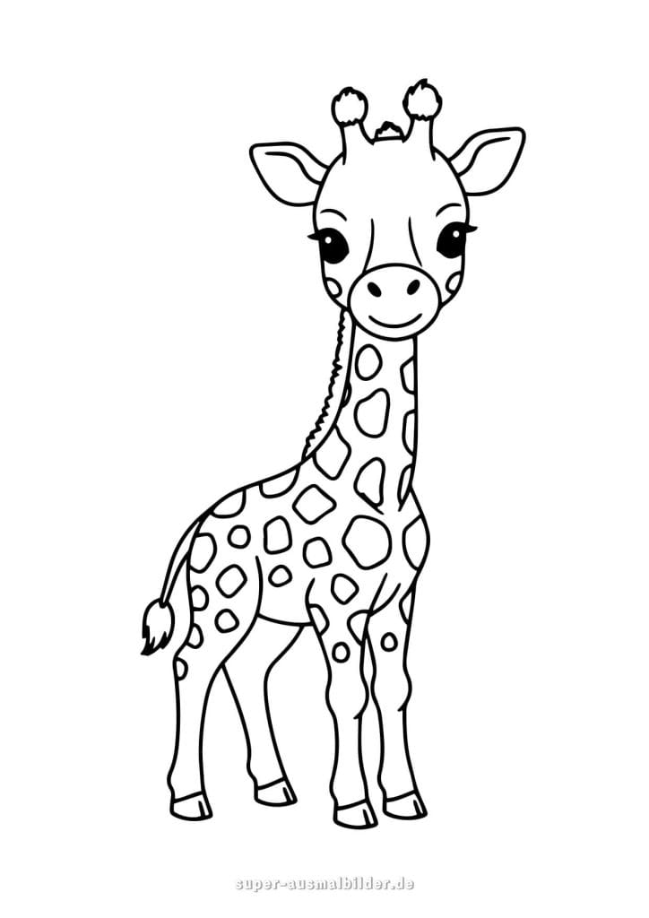 Giraffe Ausmalbild – kleine Giraffe mit freundlichem Gesichtsausdruck, einfache Tiermalvorlage für Kinder zum Ausdrucken