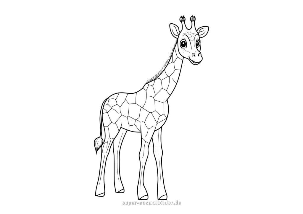 Giraffe Ausmalbild – niedliche junge Giraffe mit großen Augen, ideal zum Ausmalen für Kinder im Kindergartenalter, kostenlos zum Herunterladen und Ausdrucken
