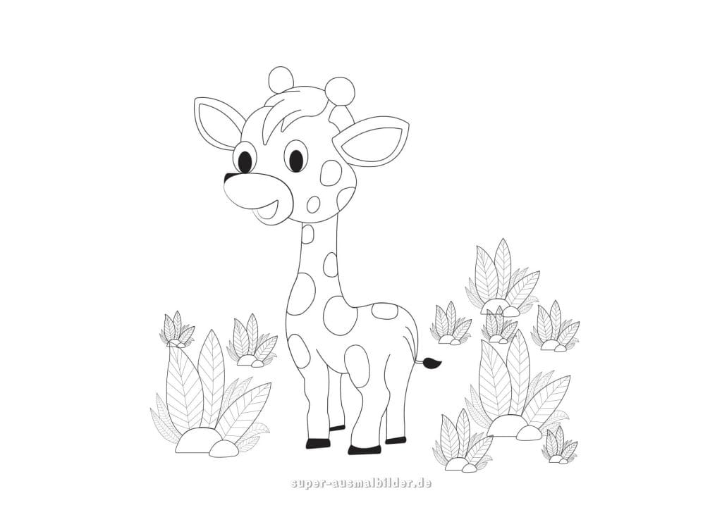 Giraffe Ausmalbild – niedliches Giraffenbaby zwischen Blättern und Pflanzen, kindgerechte Malvorlage zum Drucken