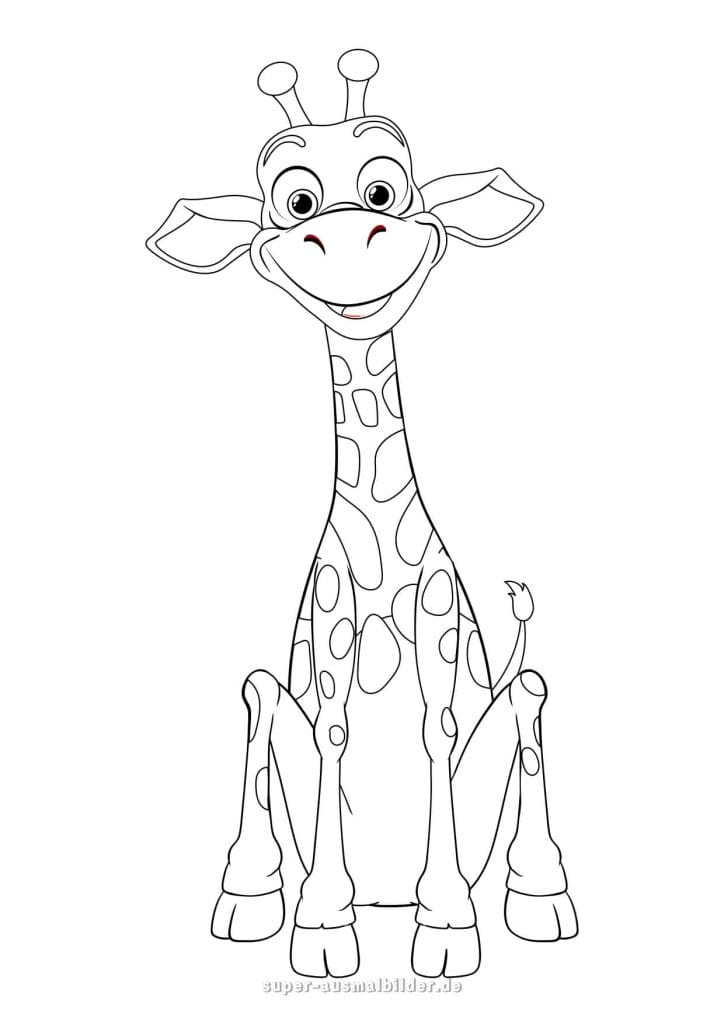 Giraffe Ausmalbild – sitzende fröhliche Giraffe mit großem Lächeln, niedliche Malvorlage für Kinder