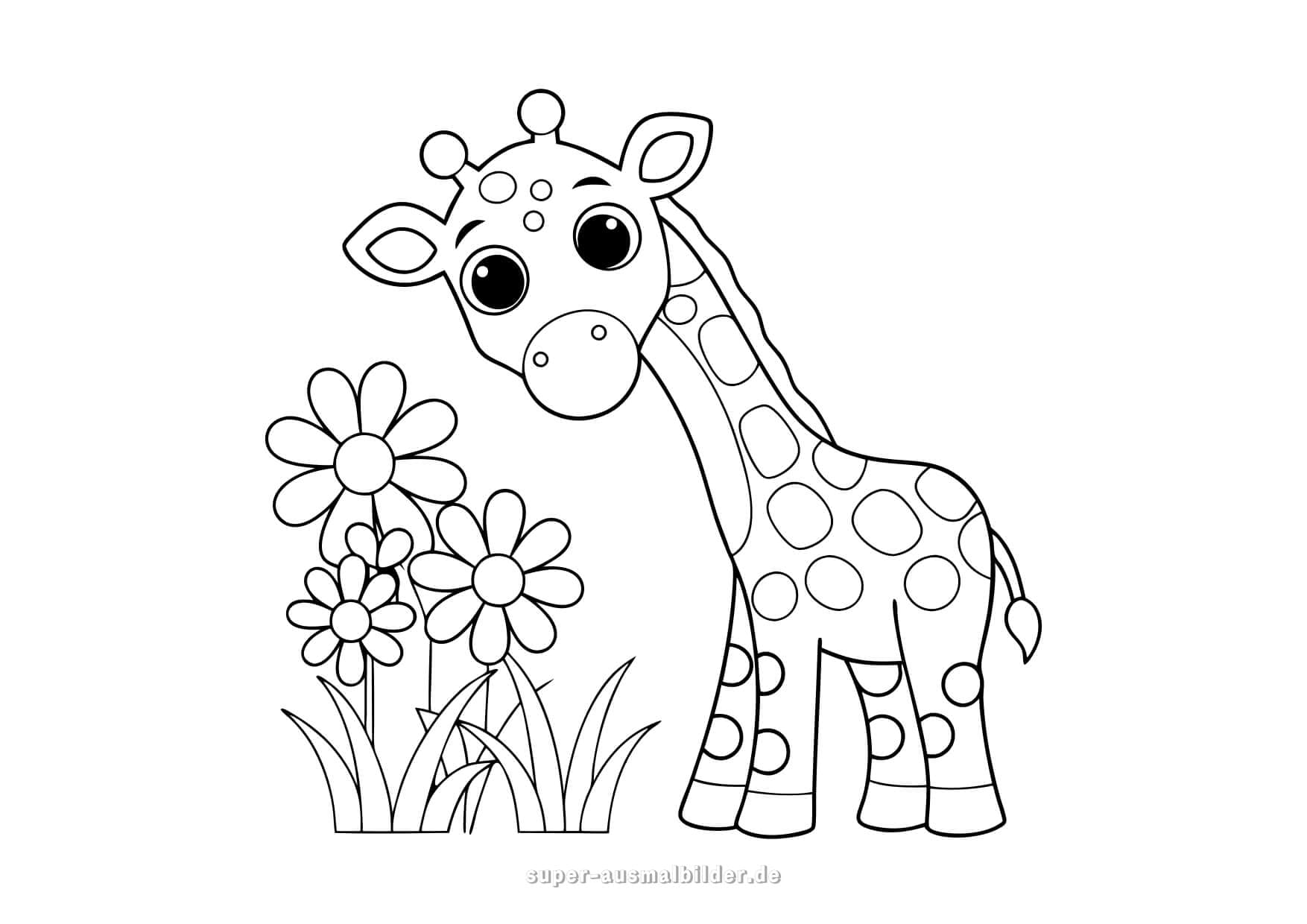 Giraffe Ausmalbild – süße Giraffe neben Blumen, kindgerechte Malvorlage mit großen Flächen zum Ausmalen