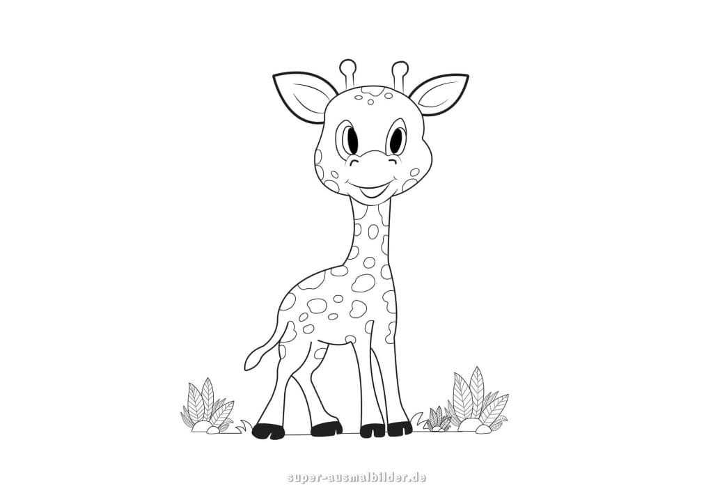 Giraffe Ausmalbild – süßes Giraffenbaby mit großen Augen und Pflanzen, einfache Malvorlage für Kinder zum kostenlosen Ausdrucken