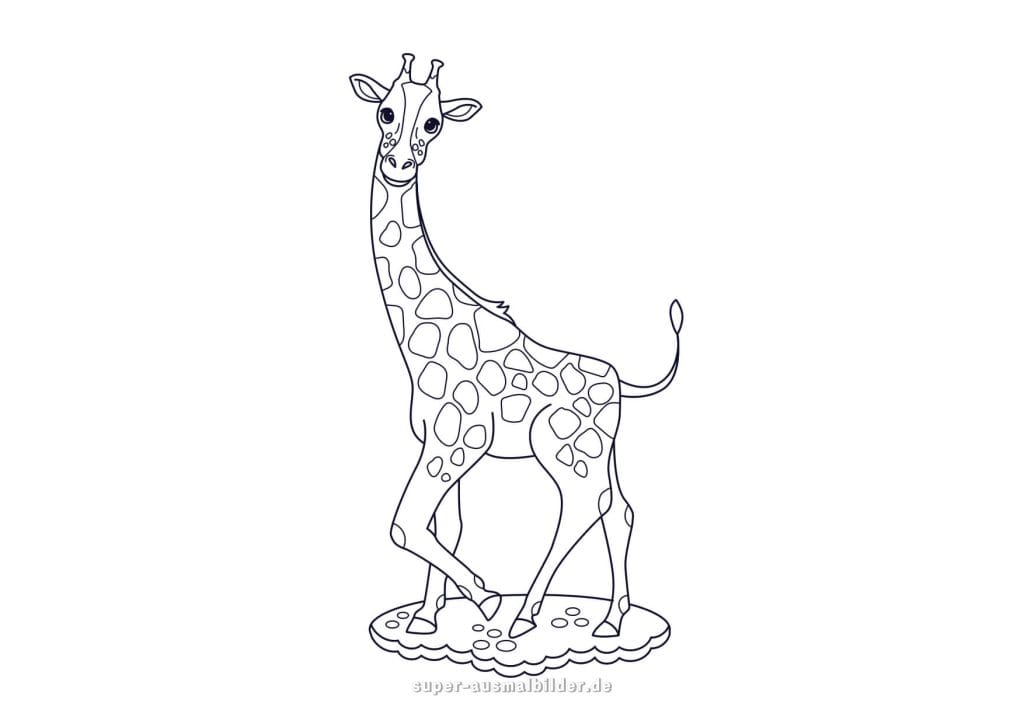 Giraffe Malvorlage – elegante Giraffe, die im Wasser steht, zum kostenlosen Ausmalen für Kinder und Erwachsene, perfekt für Tierliebhaber