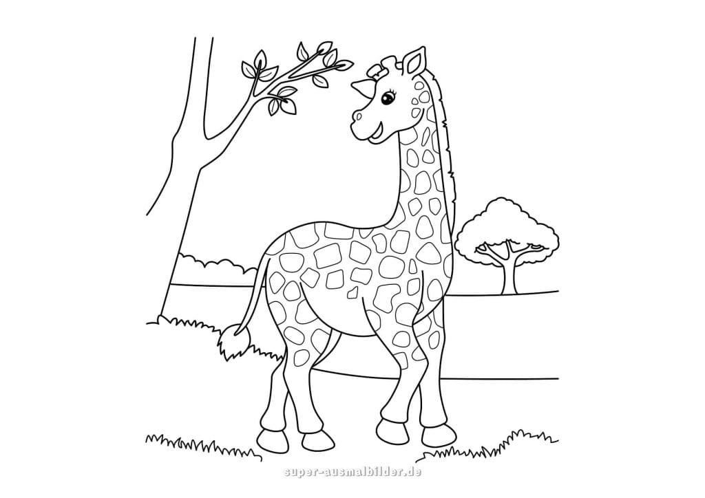 Giraffe Malvorlage – fröhliche Giraffe in der Savanne mit Bäumen und Gras, kostenlose Ausmalvorlage für Kinder