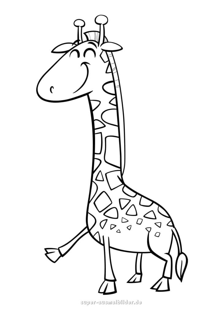 Giraffe Malvorlage – lachende Giraffe mit langem Hals und großen Flecken, perfekte Tier Ausmalvorlage zum kostenlosen Download