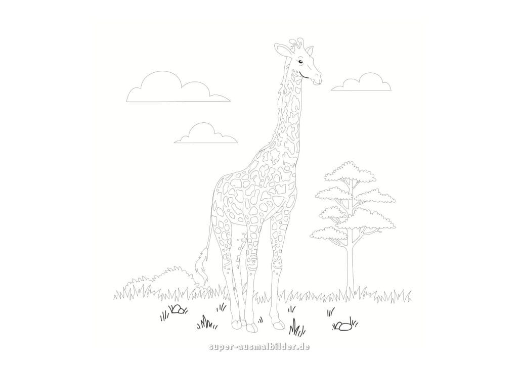 Giraffe Malvorlage – realistische Giraffe in der Savanne mit Bäumen und Wolken, kostenlose Tierausmalung zum Drucken