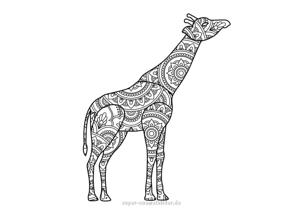 Giraffe Mandala – elegante stehende Giraffe mit Mandala Mustern, kreative Malvorlage für Erwachsene zum Entspannen