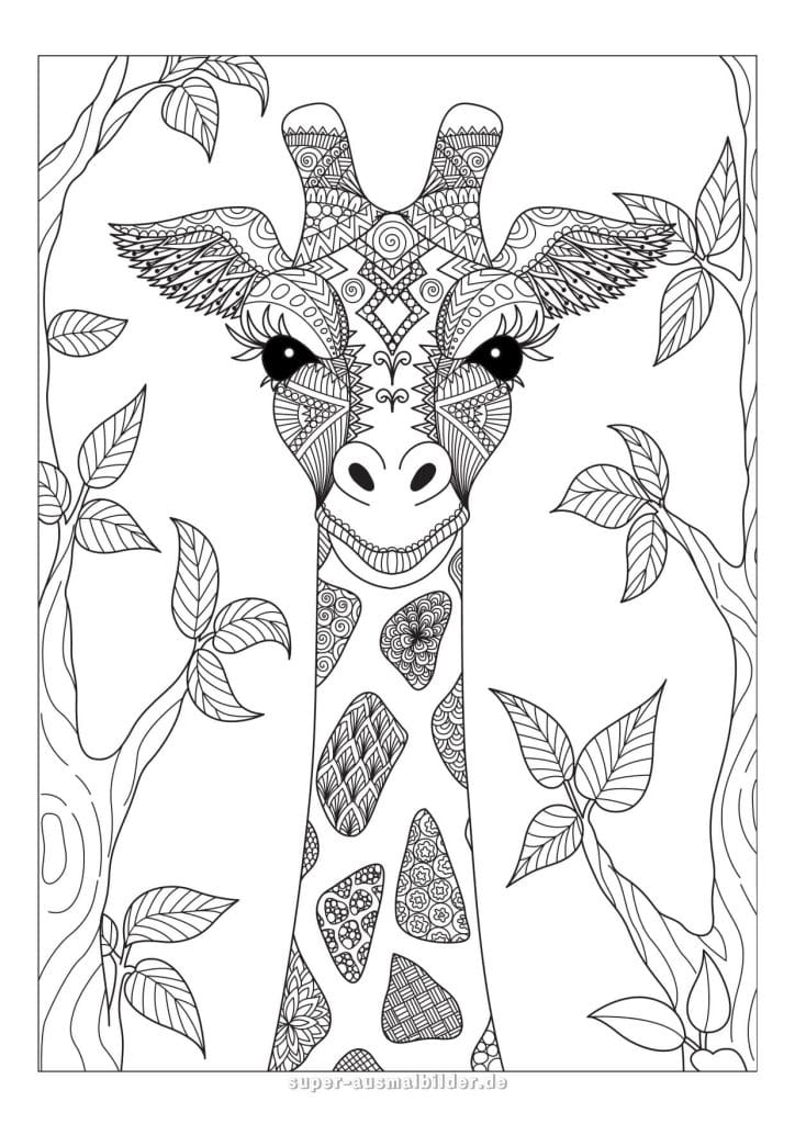 Giraffe Mandala – kunstvolle Giraffe im Dschungel mit Blättern, detaillierte Malvorlage zum Entspannen und Ausdrucken