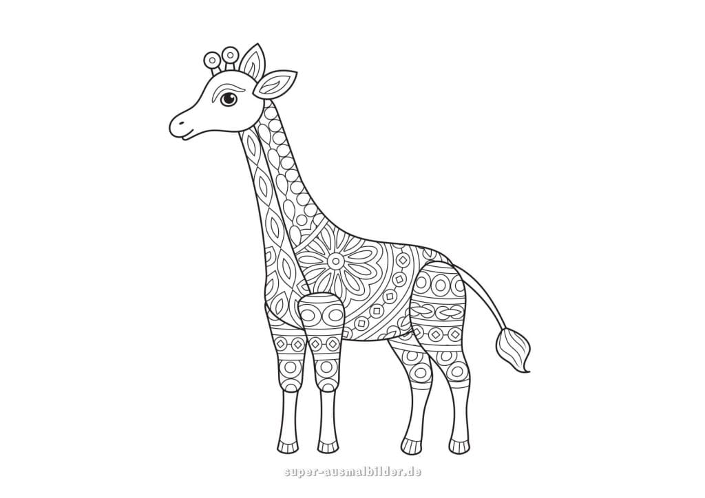 Giraffe Mandala – kunstvolle Giraffe mit dekorativen Mustern, Mandala Ausmalbild für Erwachsene zum kostenlosen Ausdrucken