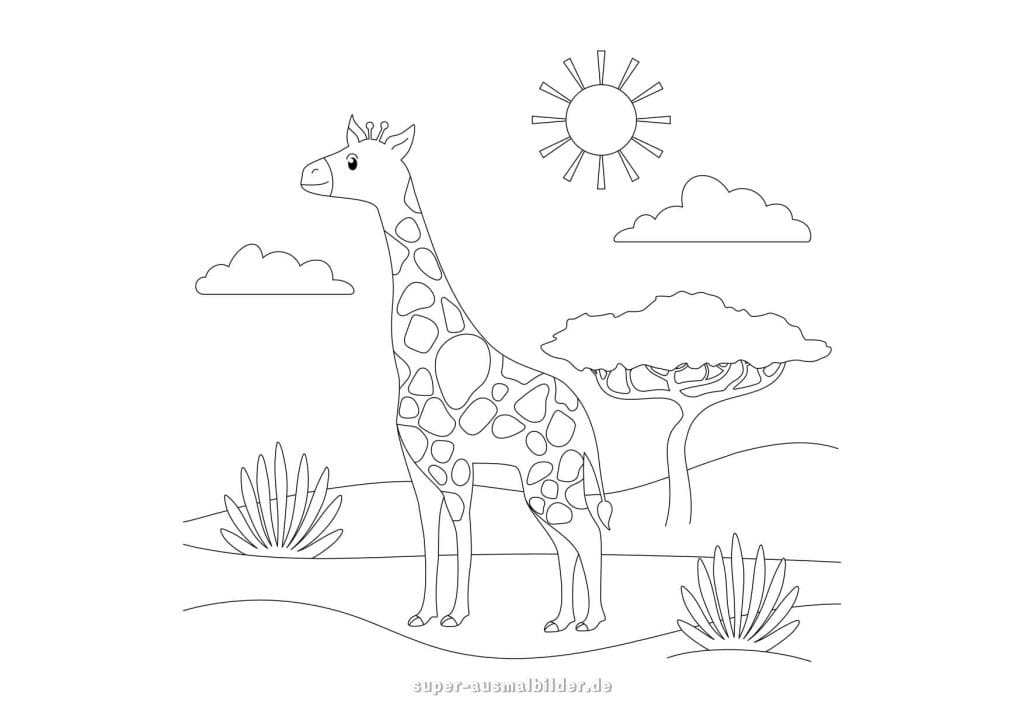 Giraffe in der Savanne – Ausmalbild einer Giraffe unter der Sonne mit Akazienbäumen und Wolken, kostenlose Malvorlage zum Ausdrucken für Kinder