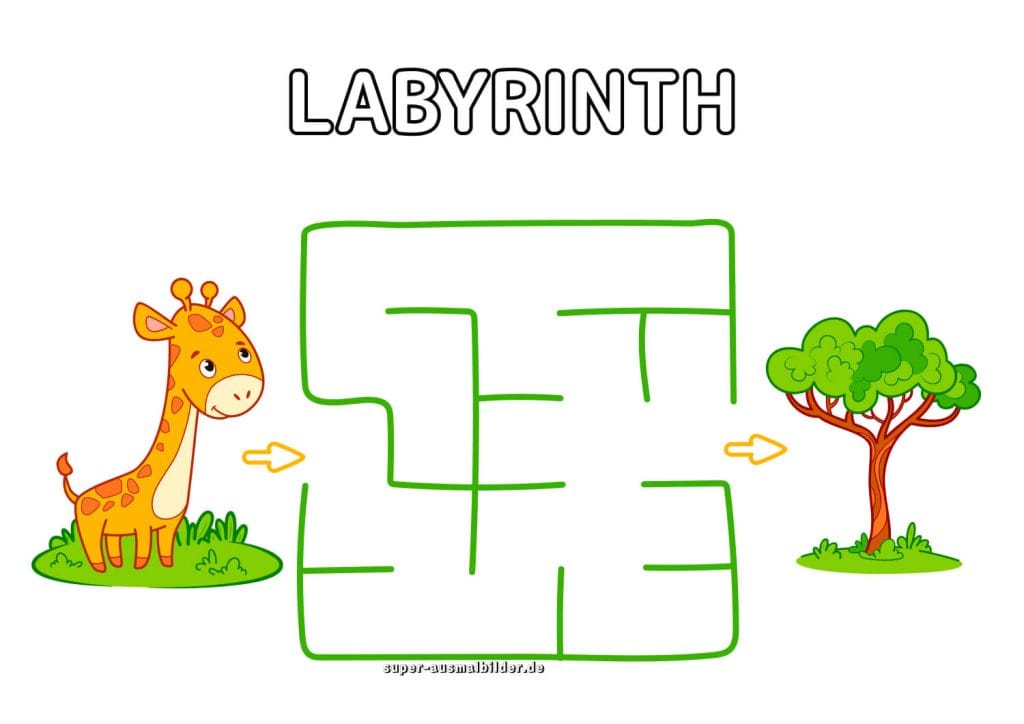 Giraffe und Baum Labyrinth Dschungel Labyrinth für Vorschulkinder zum Ausdrucken