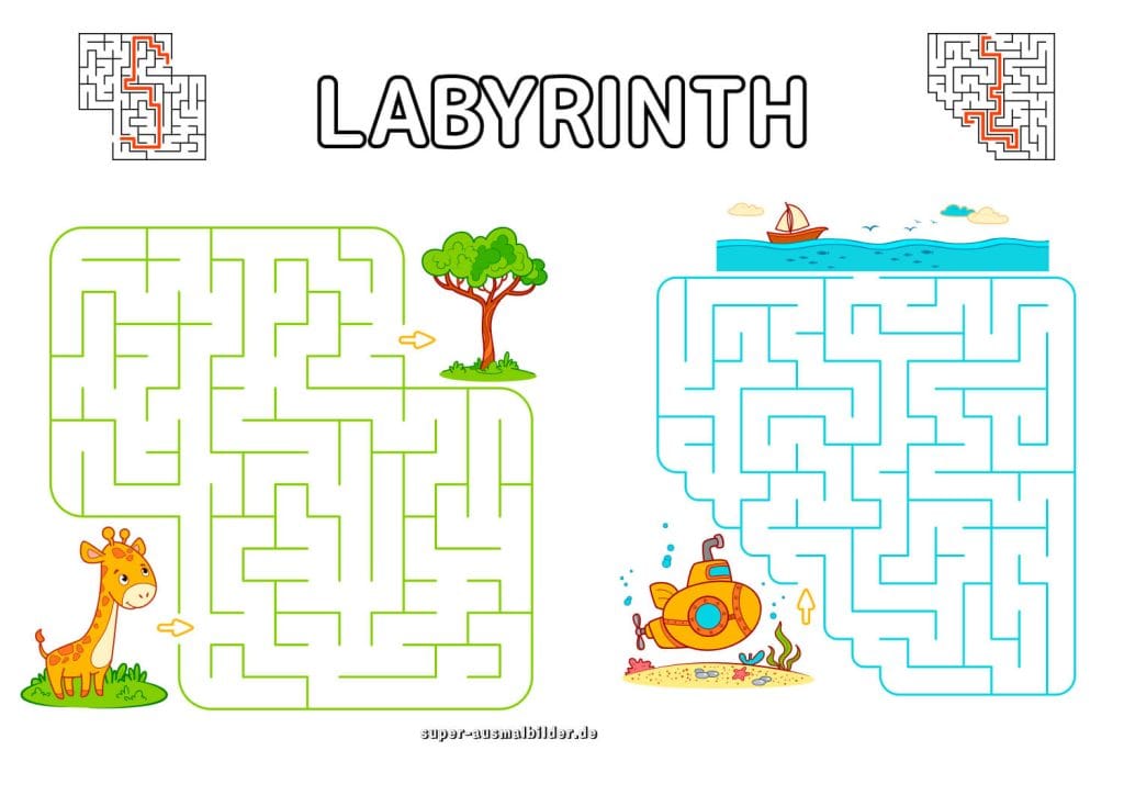 Giraffe und U Boot Labyrinth Tier und Meereslabyrinthe zum Ausdrucken für Kindergarten
