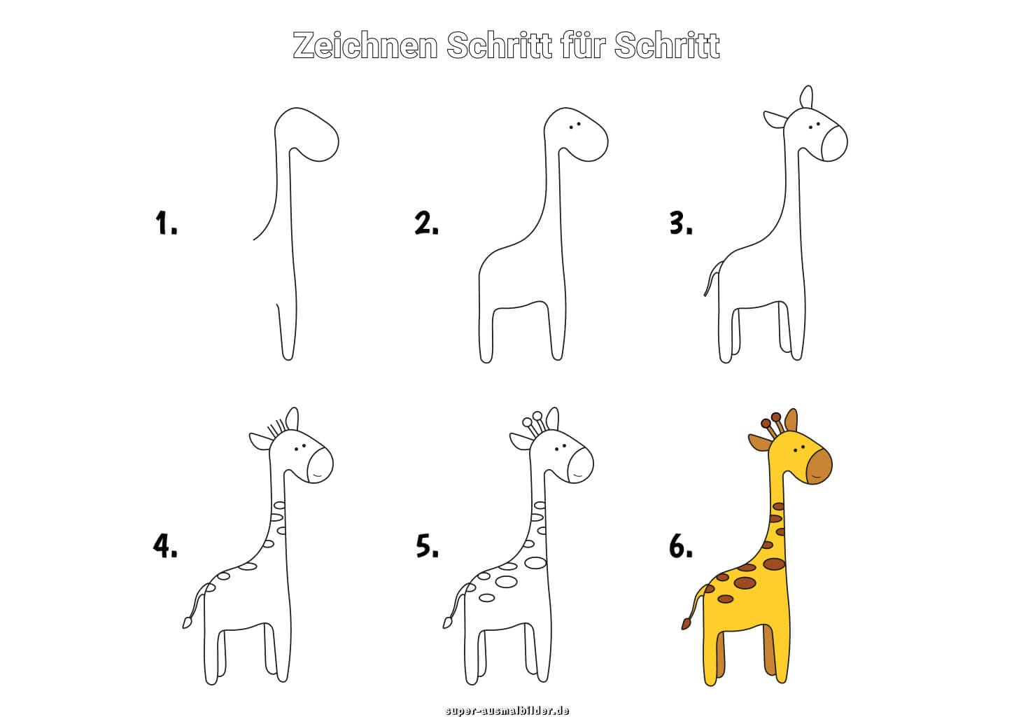 Giraffe zeichnen Schritt für Schritt – einfache Anleitung für Kinder, um eine gelbe Giraffe in sechs Schritten zu malen